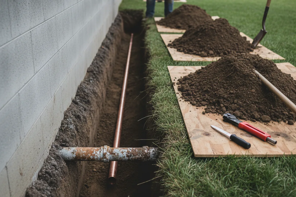 Excavated water line trench during Sewer Line Repair in Aynor
